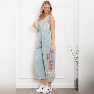 Blue Velvet Mixed Print Patchwork Jumpsuit